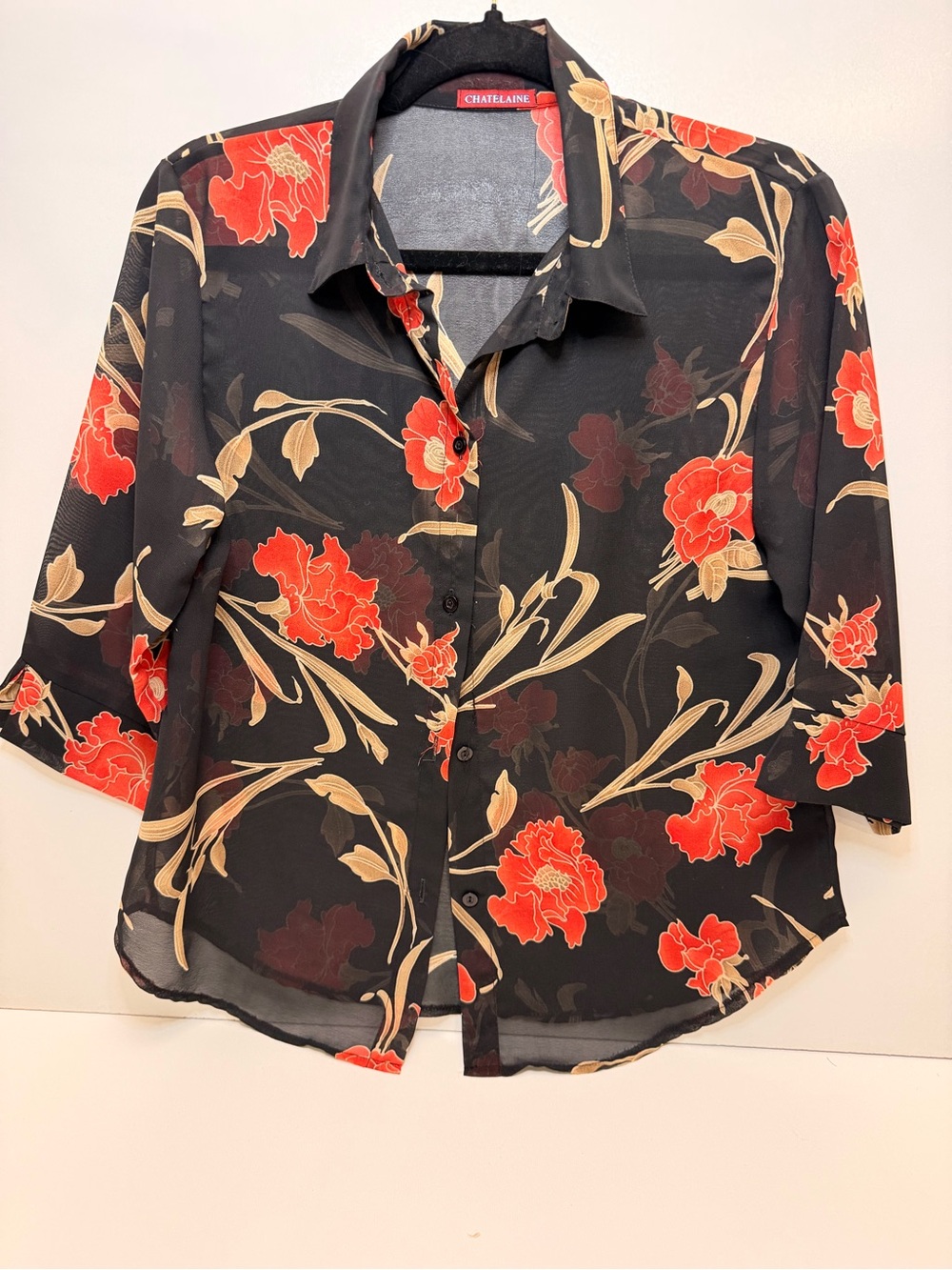 Black Floral Sheer Button-Down Shirt with Red Blooms